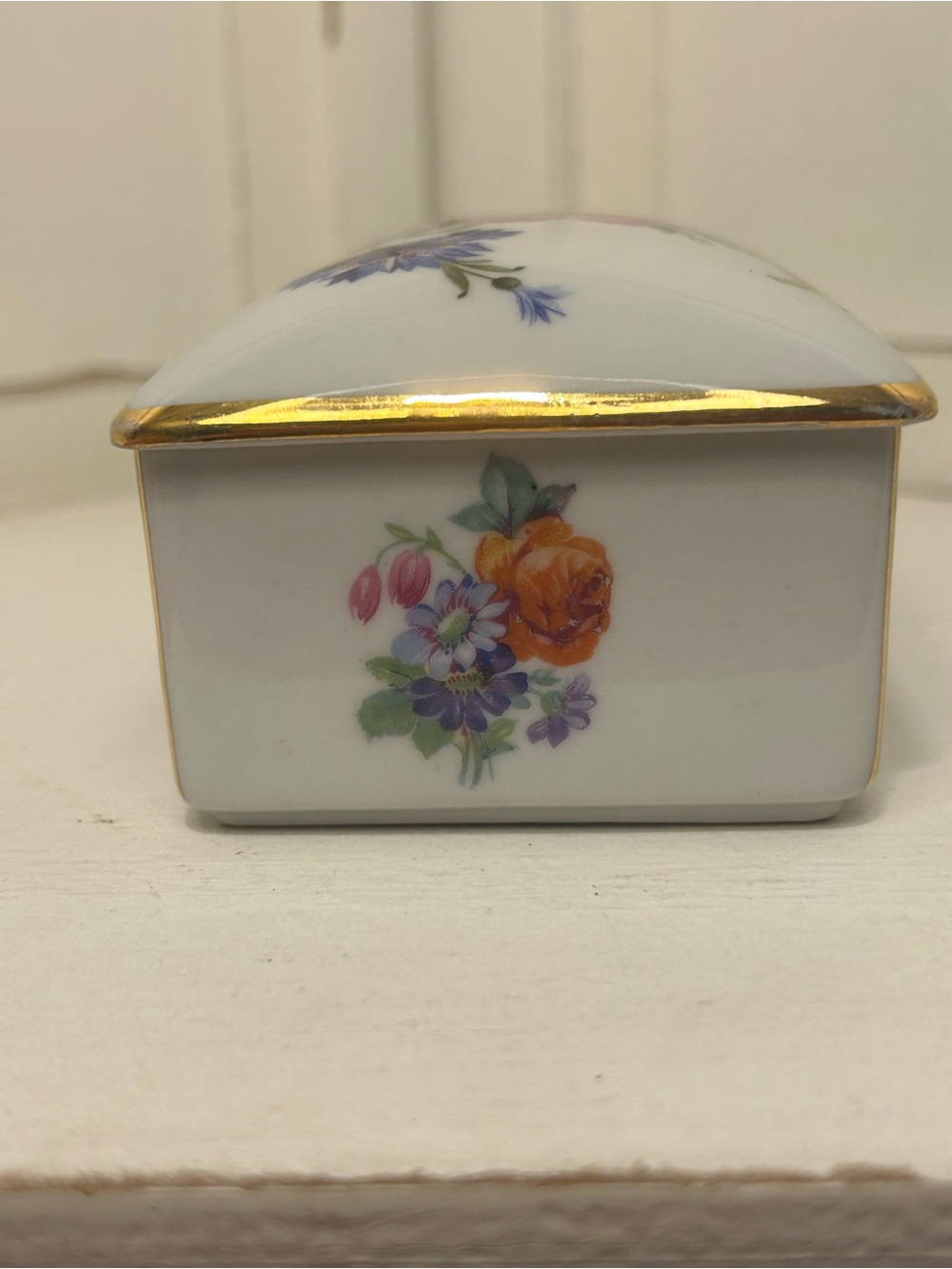 Vintage German Porcelain Floral Trinket Box with Gold Trim